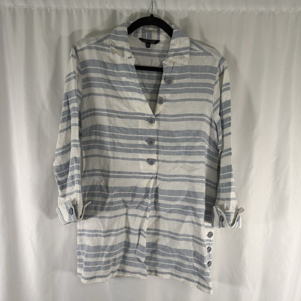 John Mark 100% Linen Blouse Women's Medium White Blue Striped Short Sleeve Vneck